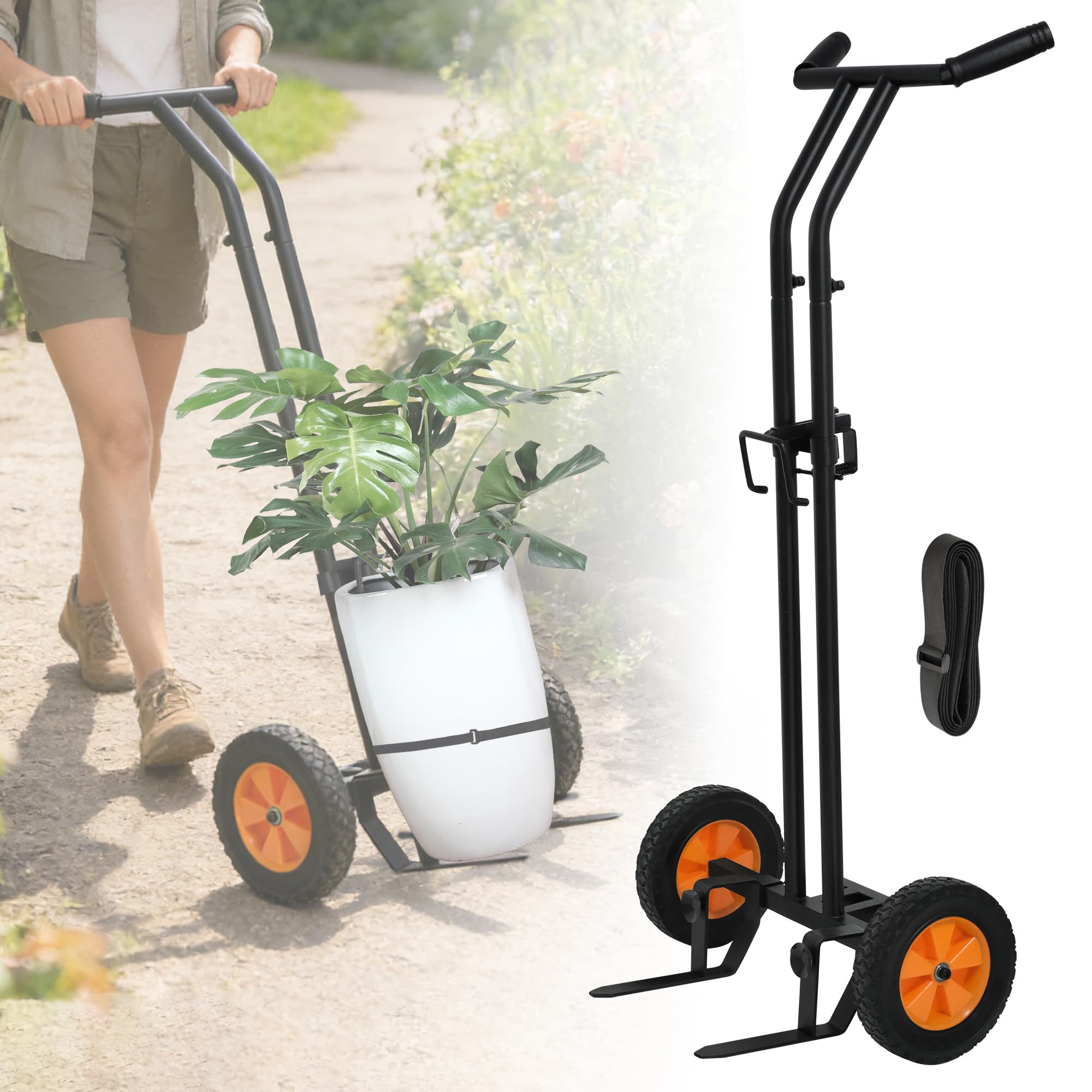Photo 1 of Heavy Duty Plant Dolly Caddy with Strap, Pot Mover for Garden, 200lb Load-Bearing Capacity, Adjustable Handle, Flat-Free Wheels & Suction Cups, For Potted Flowers, Trees, Flower Pots, Stones, Buckets Caddy
