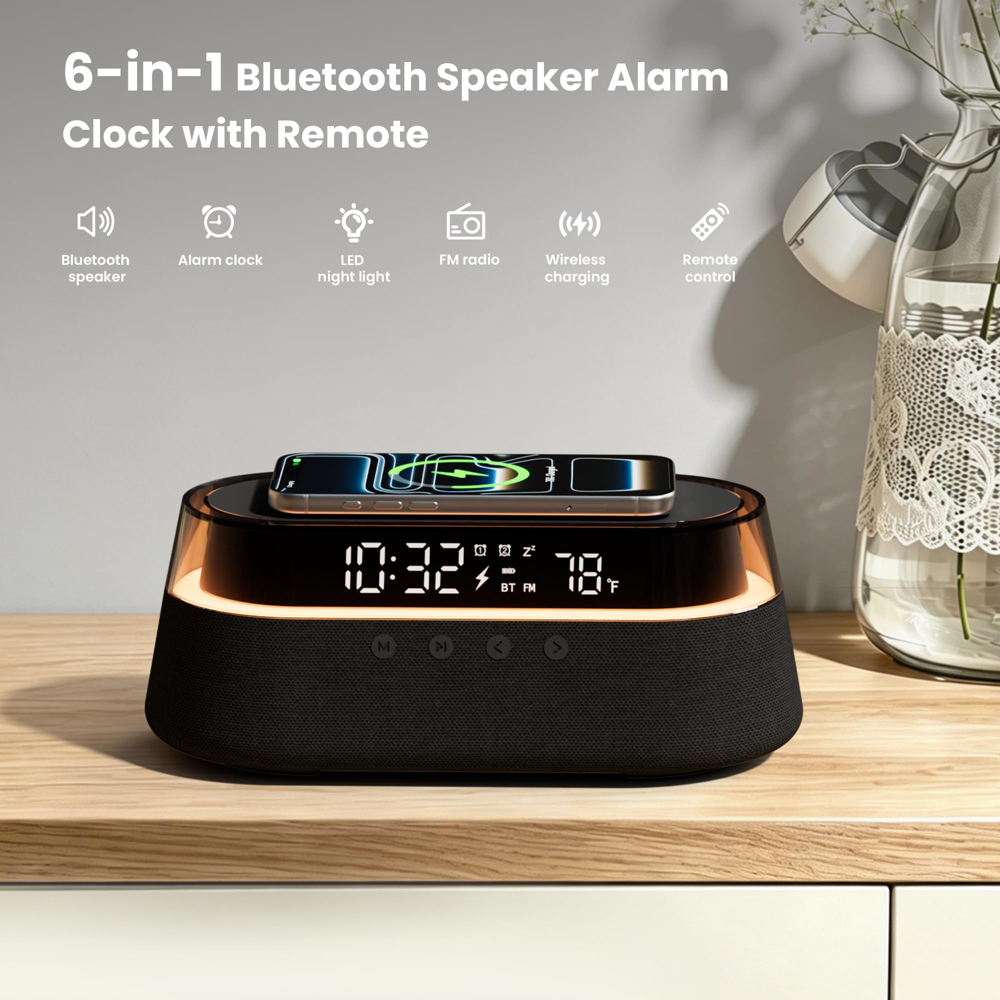 Altoparlante Bluetooth con Sveglia Caricatore Wireless 15W con Telecomando | Doppia Sveglia con Radio, Funzione Snooze e Luce Notturna per la Camera da Letto o l'ufficio Regalo Uomo Donne
