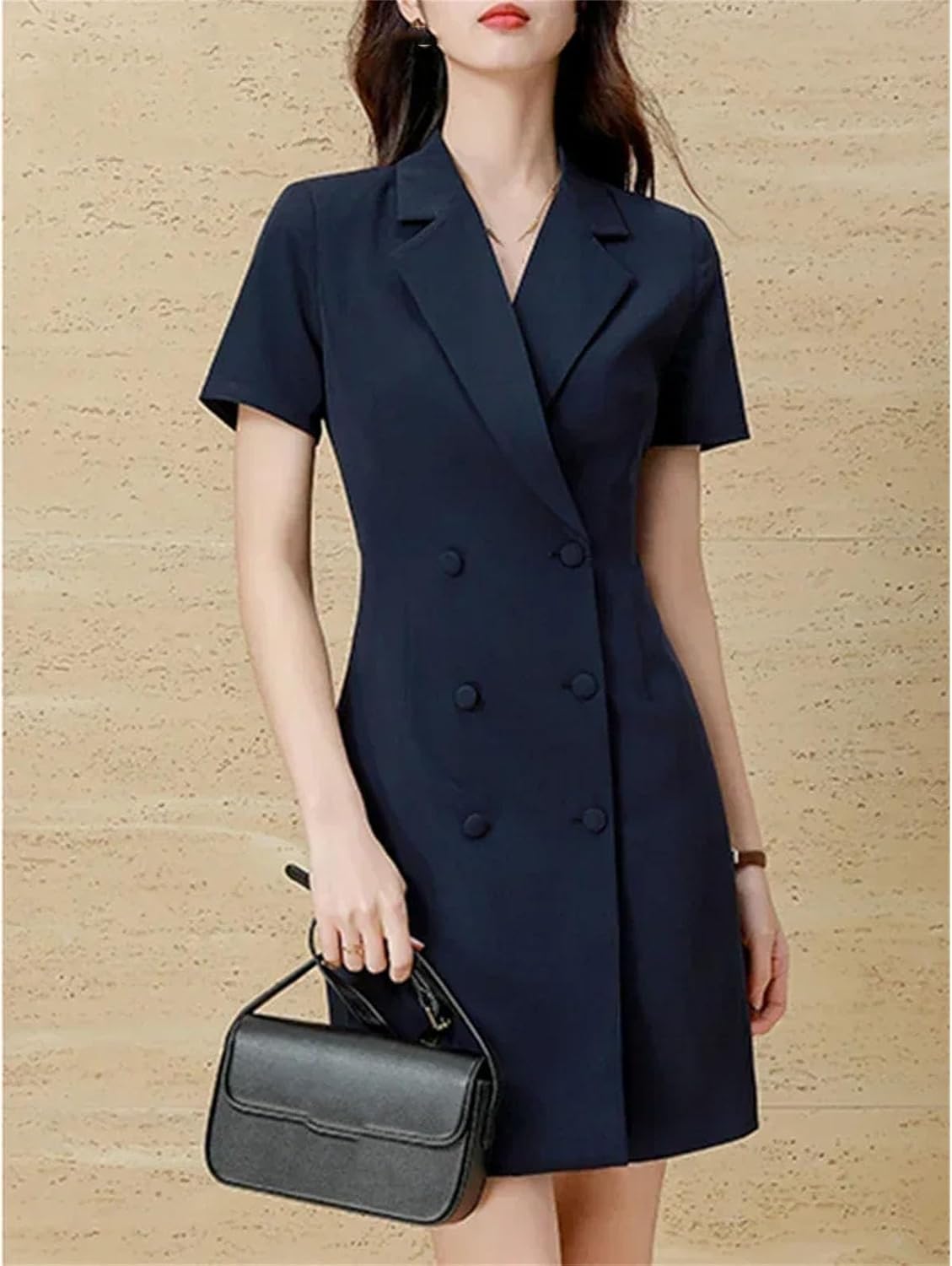 Women's Grey Elegant Suit Collar Dress Womens Short Sleeved Waist Cinching Temperament Professional Work Uniform Dress