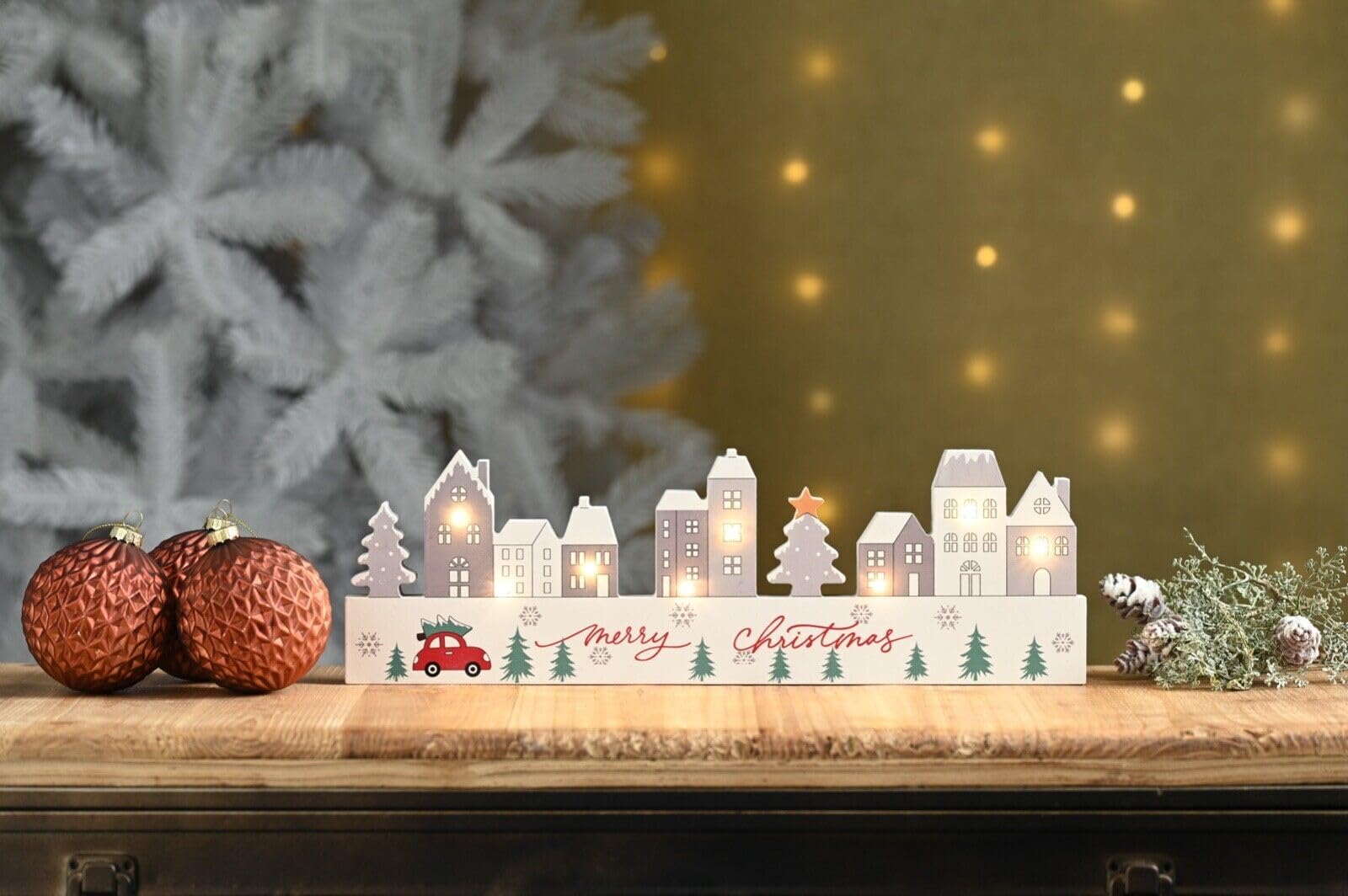 Festive Multicoloured Merry Christmas Led Light Up Wooden Village Snow Scene Table Decoration 38Cm Long