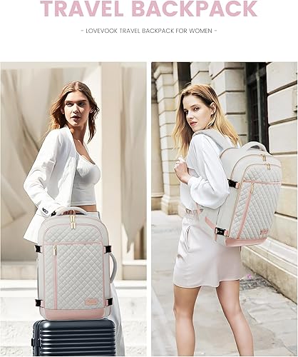 Vista 15 de LOVEVOOK Mochila para laptop para mujer, mochila de viaje, aprobada por aerolíneas de moda, Beige, Mochilas de viaje
