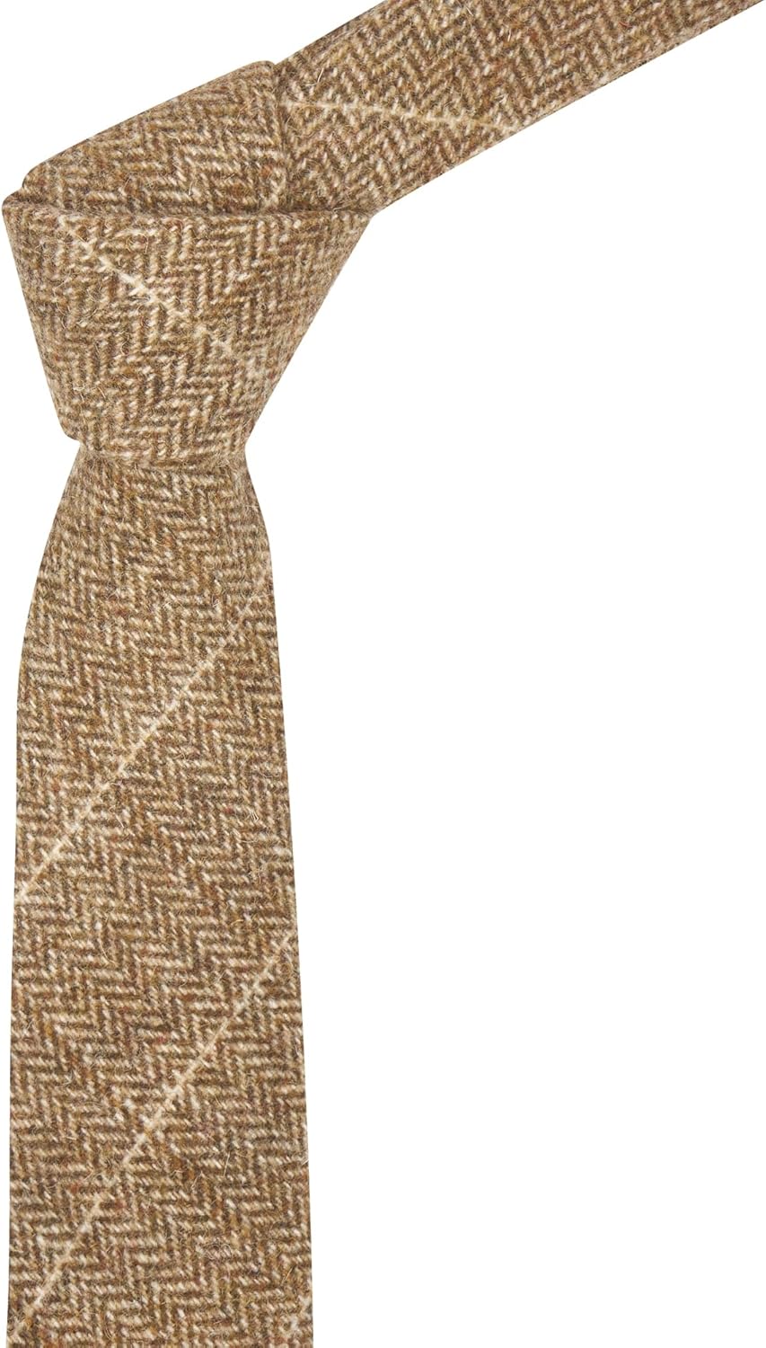 King & Priory Brown Herringbone Windowpane Check Tweed Tie, Mens Necktie