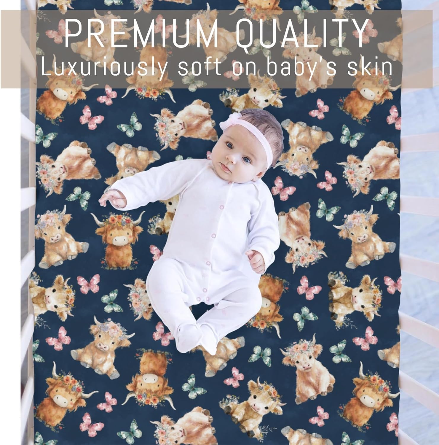 Baby Highland Cow Floral Crib Sheets for Boy Girl Boho Cows Flowers Butterflies Soft Snug Fitted Crib Mattress Covers for 52''x28'' Standard Crib & Toddler Mattress Western Farm Animal Bed Sheets