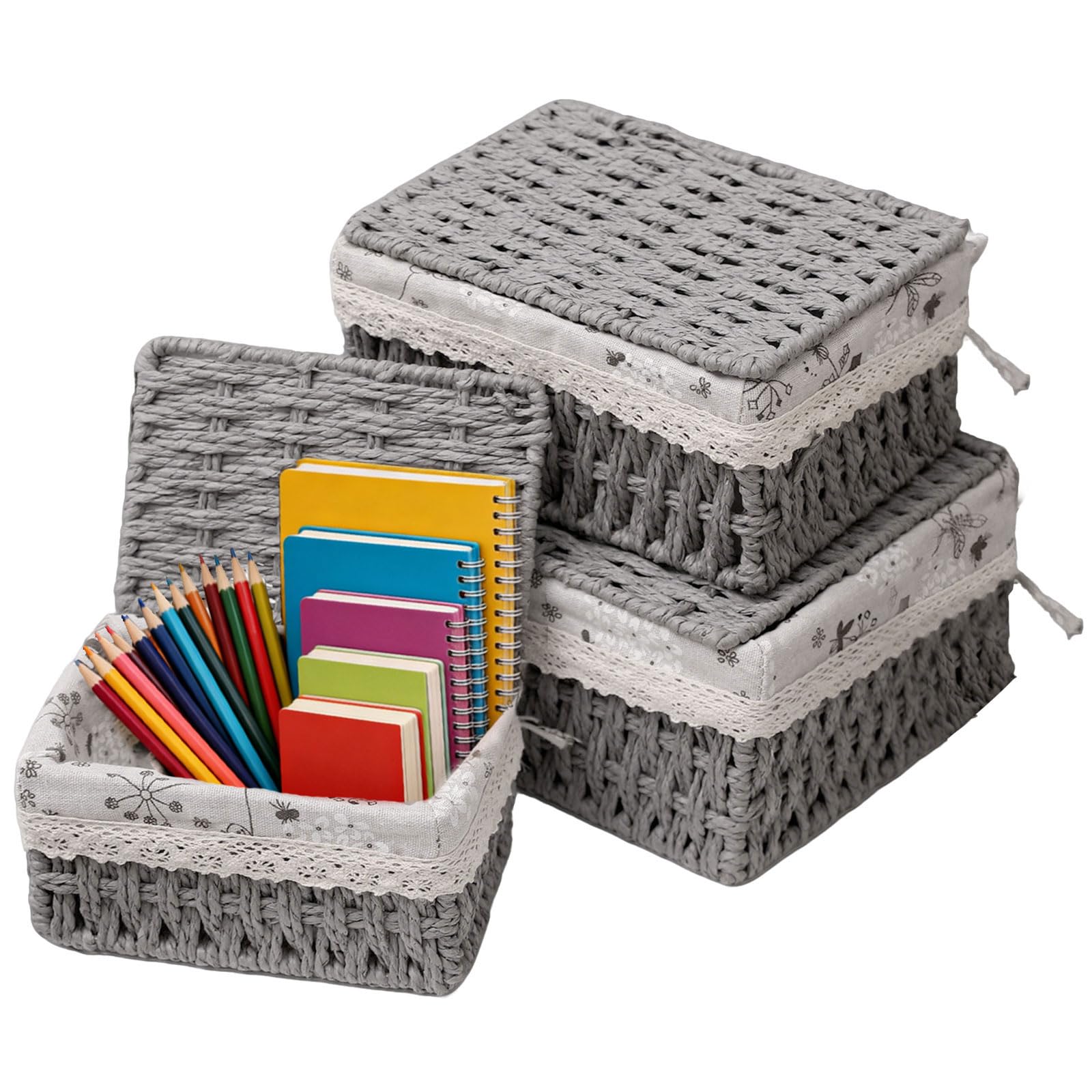 KiKiHong Woven Basket with Lid 3-Piece Set,Storage Basket with Lid for Home Office,Bathroom & Bedroom |Boho Decor(Grey)