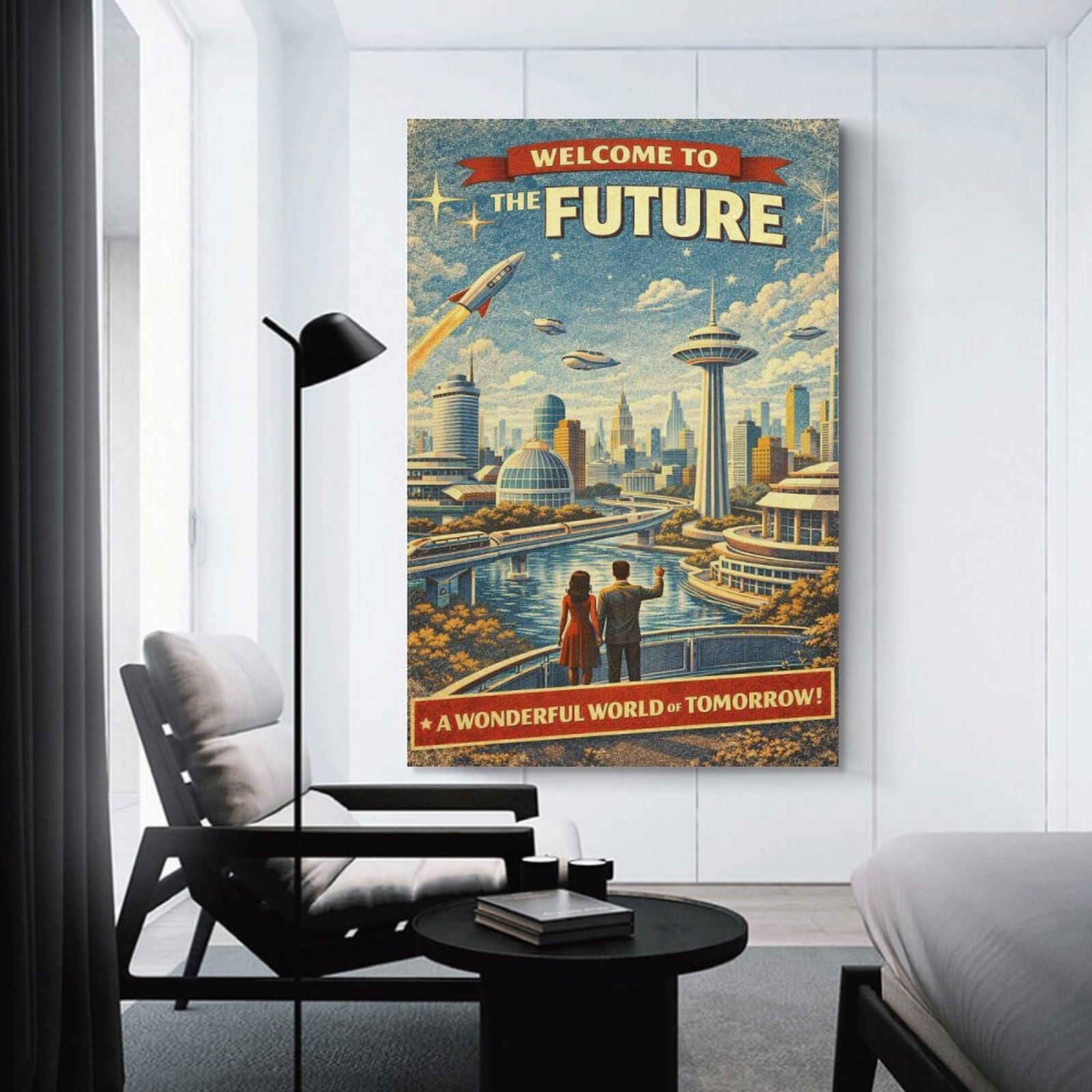 Junmoney Welcome to The Future Vintage Canvas Wall Art, 20x30inch(50x75cm), for Wall Displays, Bedrooms Or Room Updates, Ideal for Building A Coordinated Art Wall