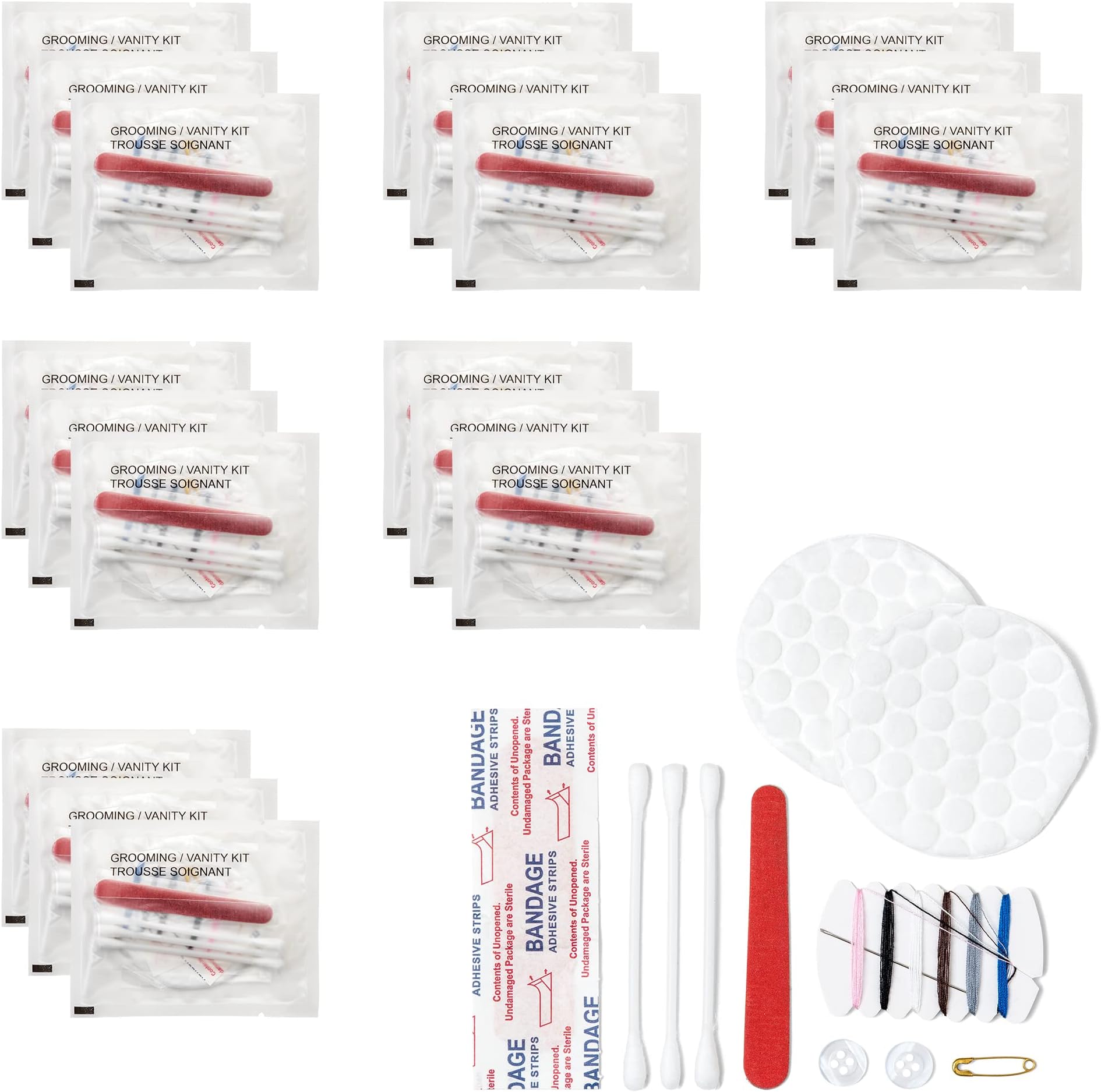 Necessities Grooming Vanity Kit | Clear Frosted Sachet, Hotel Amenities | Includes Sewing Kit, Nail File, Cotton Swabs, 2 Cotton Rounds and Band-Aid, 48 Pack