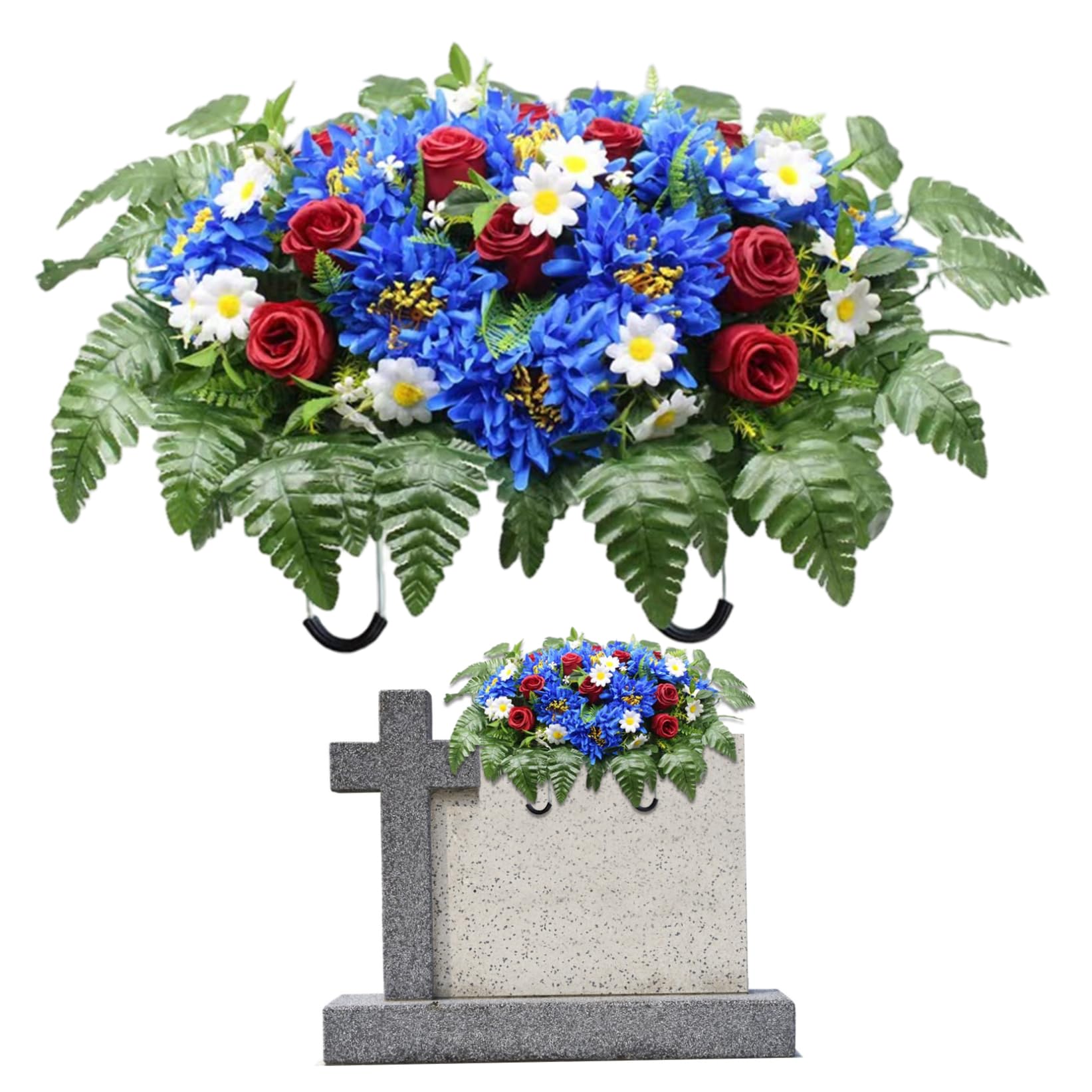 Selle de fleurs artificielles pour pierre tombale, fleurs de cimetière artificielles résistantes aux intempéries avec support commémoratif pour décorations pierres tombales extérieures, saphir