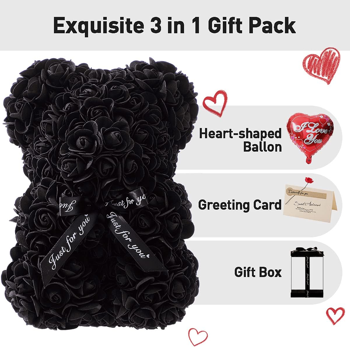 Gifts for Women - Rose Flower Bear - Rose Bear,Pure Handmade Rose Teddy Bear,Gift for Mothers Day,Valentines Day, Anniversary and Bridal Showers,w/Clear Gift Box and Greeting Card (Black) - Image 3