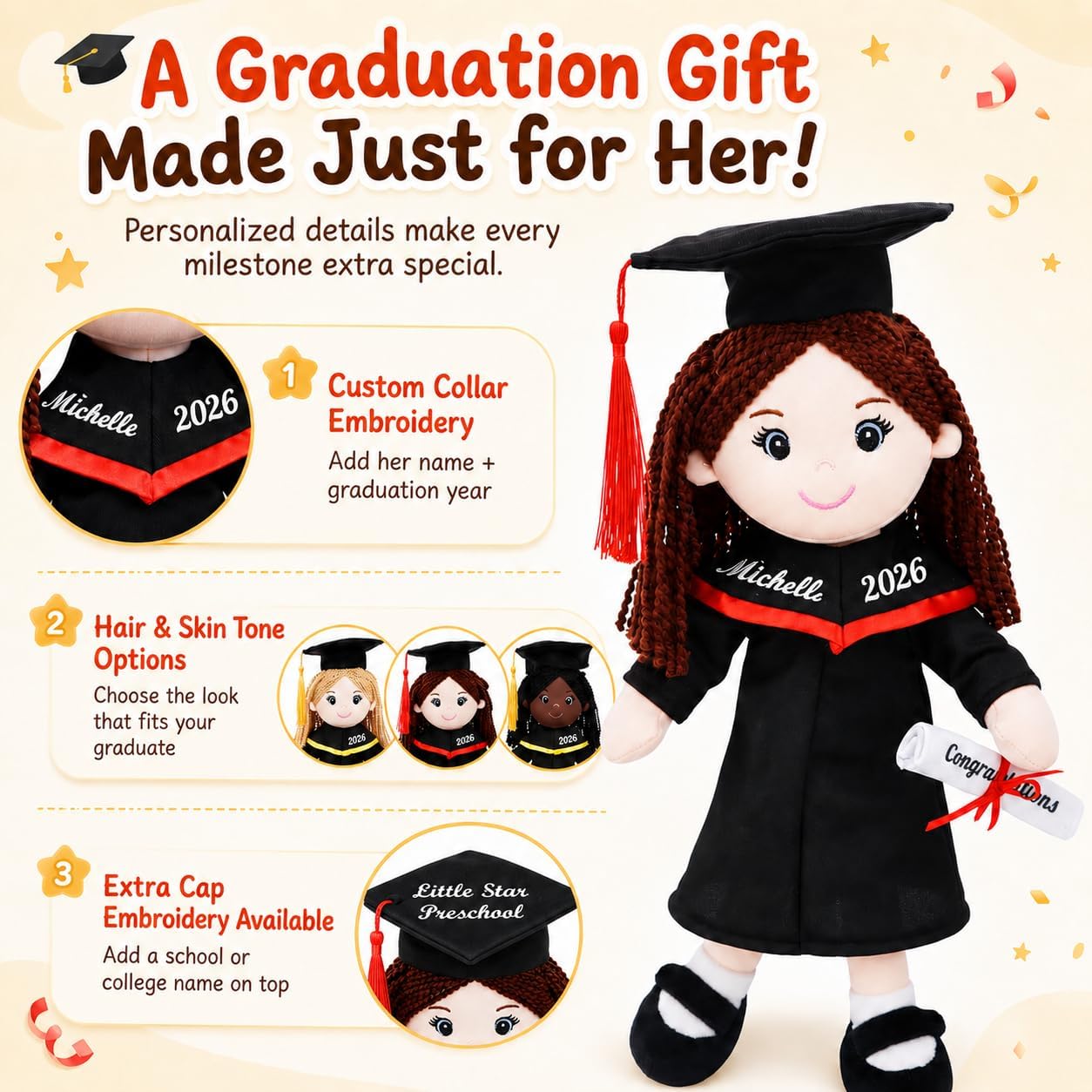 June Garden Personalized 15" Graduation Gifts - Personalized Name, Text and Year - Soft Plush Dolls with Cap and Gown - Gifts for Preschool and Kindergarten Graduation Day - Girl