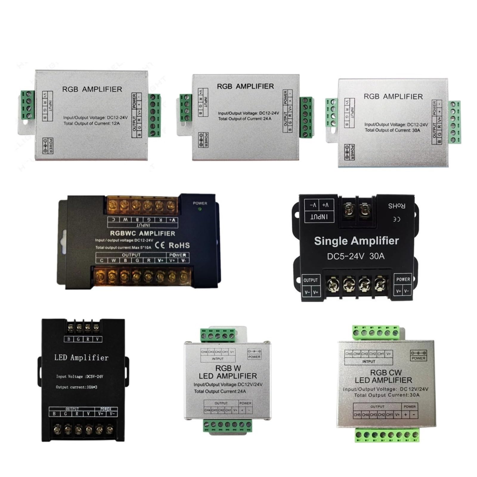 Kontroler wzmacniacza LED 1CH/3CH/4CH/5CH 12A/24A/30A/50A Nadaje się do monochromatycznego zasilacza taśmy świetlnej/RGB/RGBW/RGBWW RGB+CCT (Rgbcw 30a)
