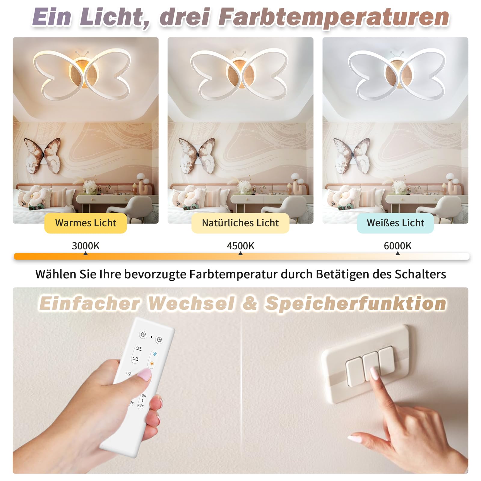 YLFXL Plafoniera Led Soffitto 50W Plafoniera Cameretta Bambini Dimmerabile, 48cm Lampadario Camera da Letto Farfalla Creativa Lampade a Soffitto Led per Soggiorno Camera da Letto Camera dei Bambini