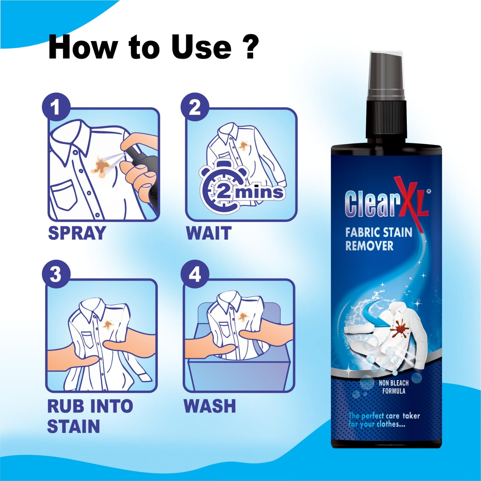 CLEAR XL Fabric Stain Remover Powerful Formula for Tough Stains Safe for All Fabrics Removes Grease, Ink, Coffee, Wine, and Food Stains Gentle on Clothes (100 +100 ml - PACK OF - 2) 4