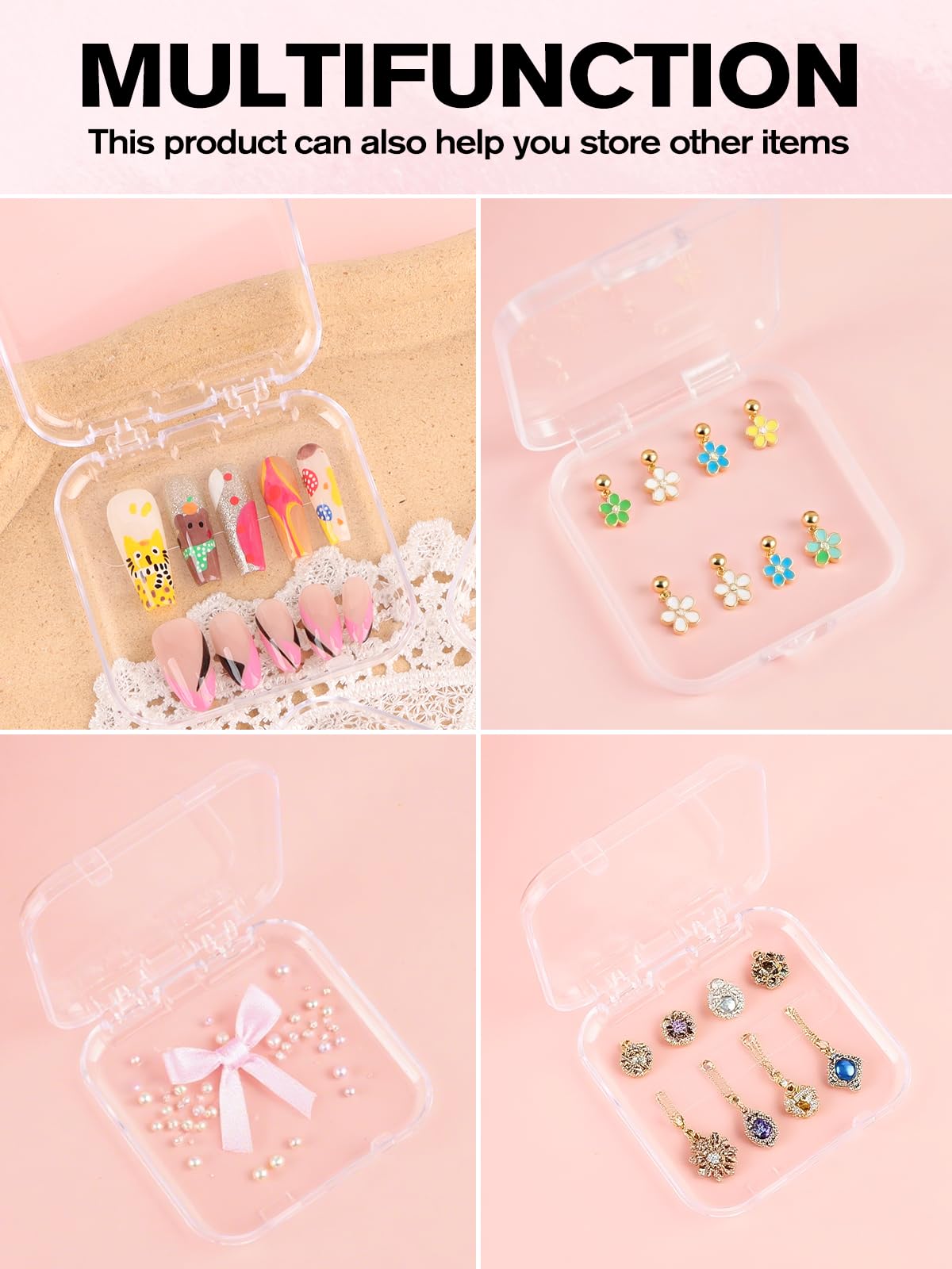 24 pièces Ensemble Boîtes Rangement pour Ongles, Kalolary Boîte Rangement Transparente Faux Ongles avec 4 feuilles Ruban Adhésif Double Face Amélioré Présentoir Transparent Faux Ongles Presser Salon