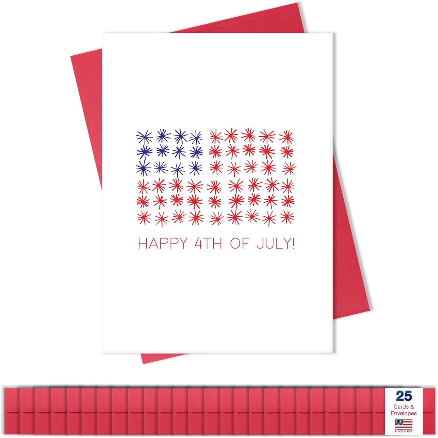 Independence Day Cards for Family & Business (USA Flag Stars) Happy 4th of July Bulk Greeting Card Set Pack of 25 with Red Envelopes (5x7 inch - A7) Office, Work, Employees & Clients (JF2401)
