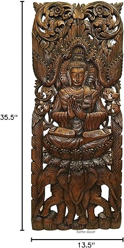 Miniatura 5 de Buddha - Panel de pared de madera tallada grande en acabado marrón oscuro, tamaño 35.5 x 13.5 x 1 pulgadas