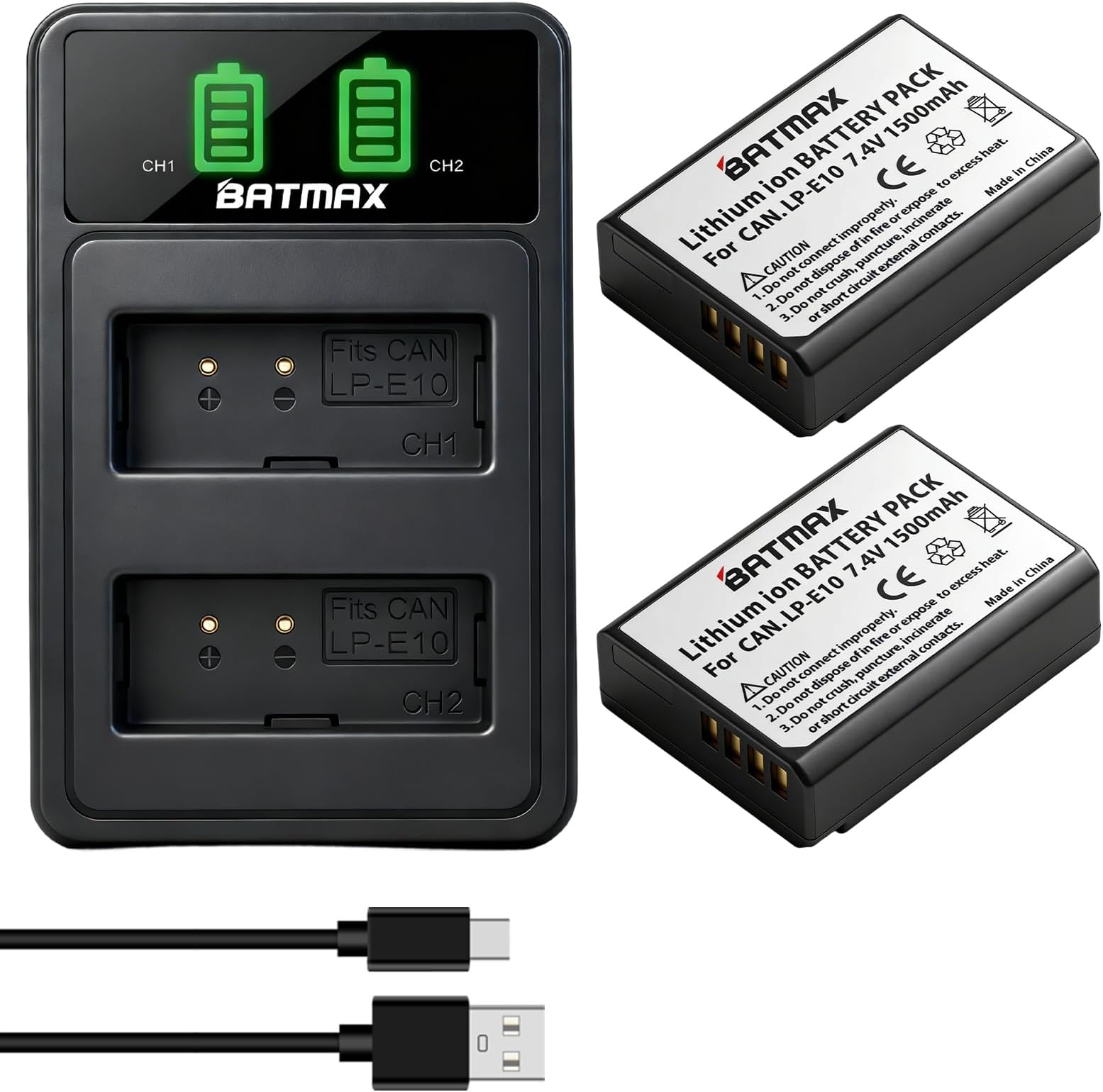 Batmax 2 Packs LP-E10 LP E10 Battery + LED Dual USB Charger for Canon EOS Rebel T3 T5 T6 T7, T100, EOS 4000D 2000D 1500D 1300D 1200D 1100D, Kiss X50 X70 X80 X90 Cameras