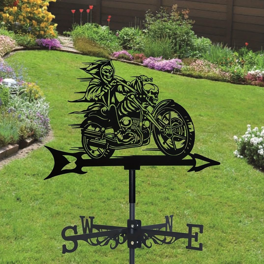 Motorcycle Series Weathervane Silhouette Art Black Metal Skull Ornament Wind Vane Outdoors Decorations Garden for Roof Yard Building (Motor C)