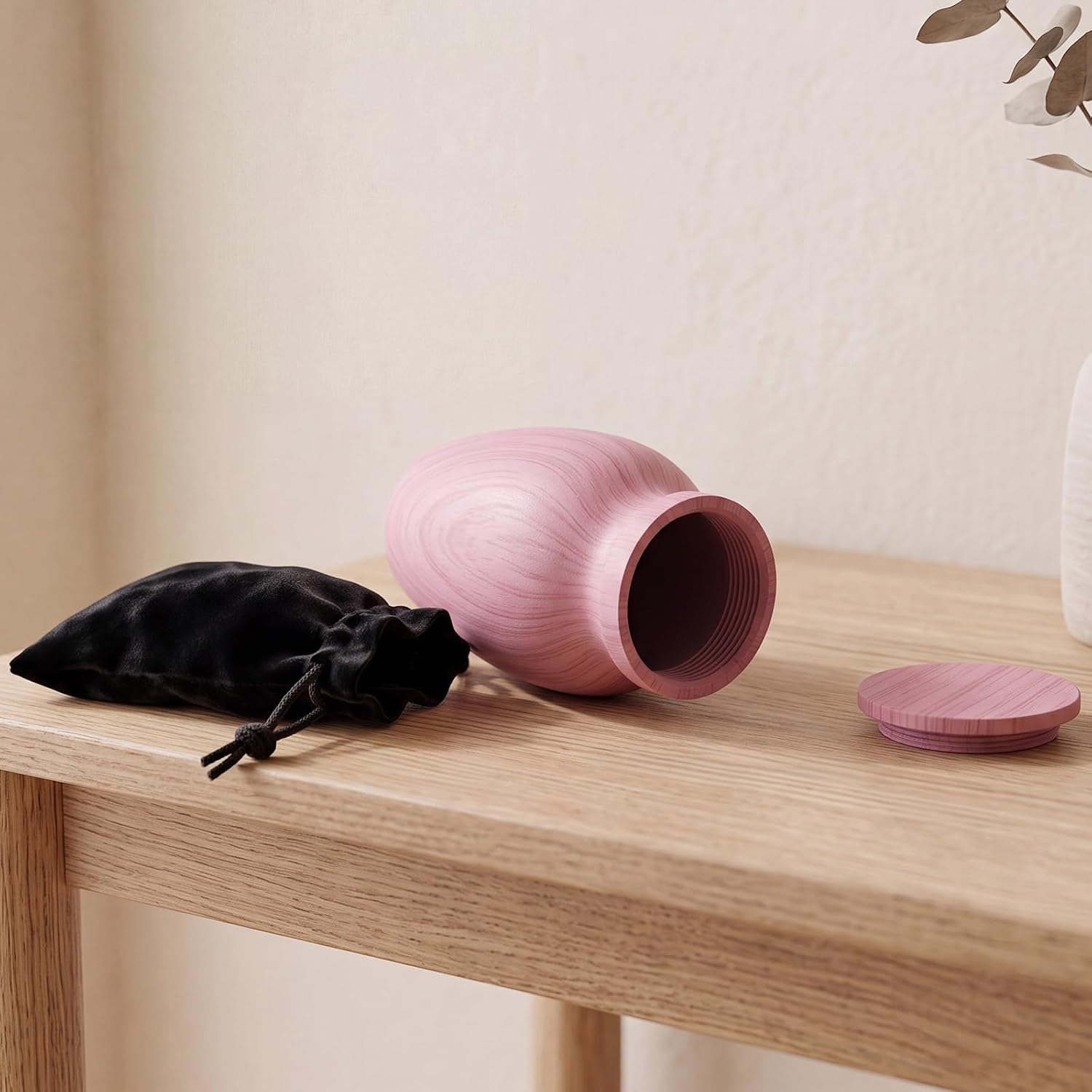 Small Metal Mini Urn for Human Ashes, Wood Grain Finish, Pink