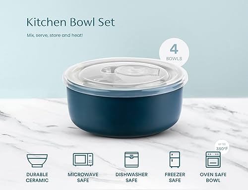 Miniatura 5 de KooK Tazones para mezclar, cuencos para mezclar con tapa, cuencos para servir, cuencos para cocina, cuencos de cerámica para anidar, recipientes de