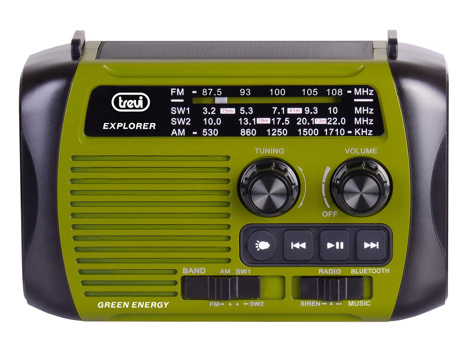 Trevi RA 7F30 BT Radio portátil multibanda FM/Am/SW con Reproductor MP3 inalámbrico, función Power Bank y Linterna LED, Carga Solar, con Dinamo o USB-C, Ideal para emergencias, Camping, Viajes, Verde