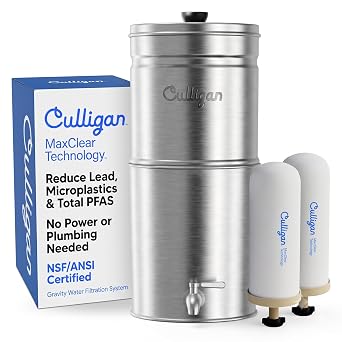 Culligan MaxClear 2.25 Gallon Gravity Water Filter System Removes Microplastics, PFAS & Lead, NSF/ANSI Certified, Brushed Stainless-Steel Countertop Filter with 2 Ceramic Filters
