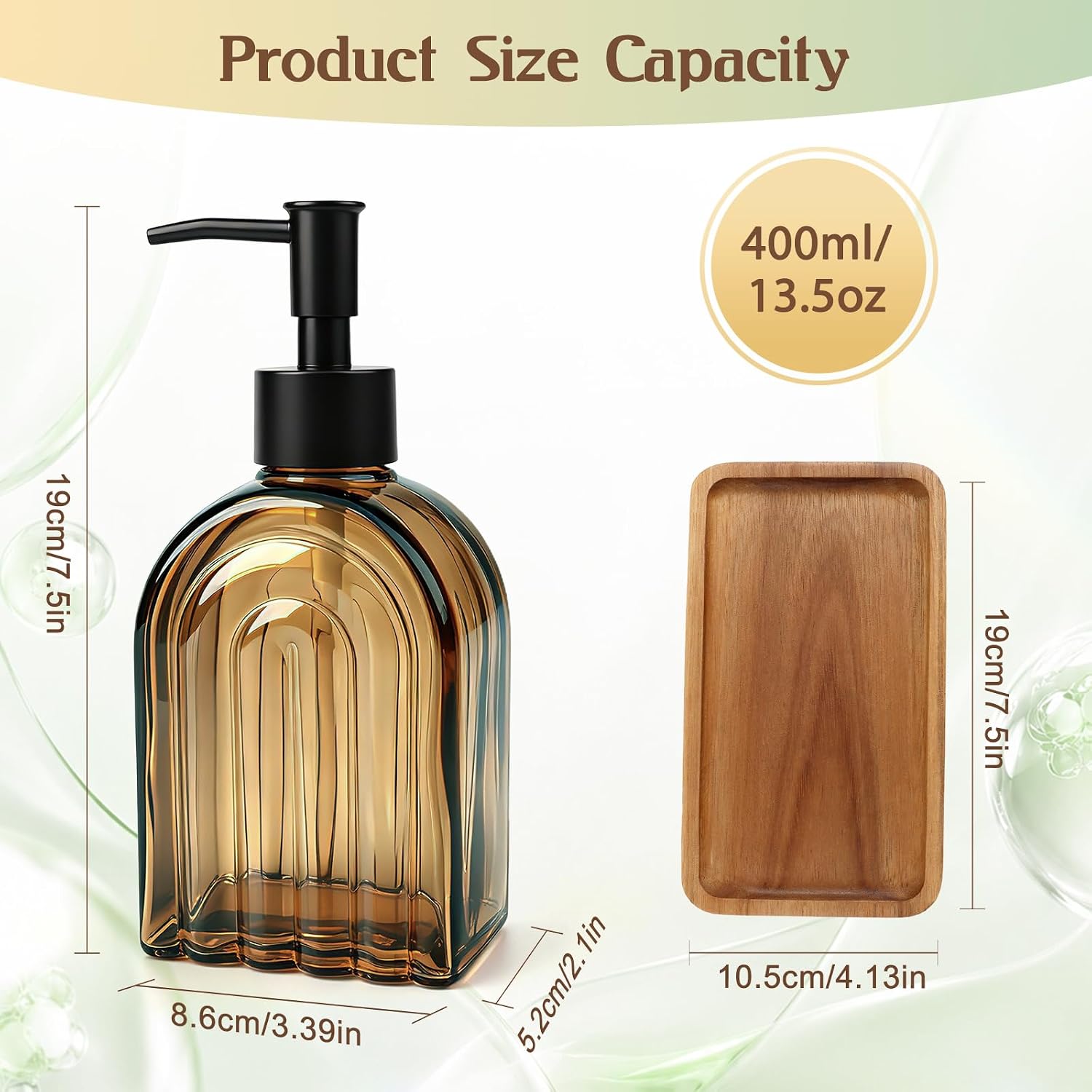 2PCS Elegant Amber Glass Soap Dispenser with Wood Tray | 13OZ Liquid Hand Soap Dispenser,Modern Bathroom & Kitchen Soap Dispenser for Hand Soaps,Lotions,Essential Oils