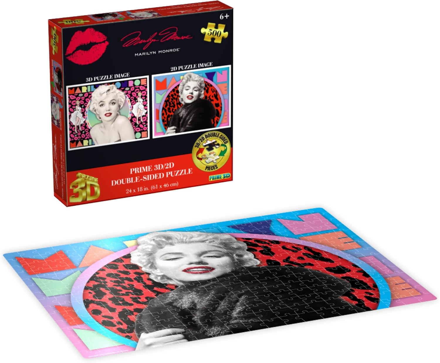 Prime 3D | Marilyn Monroe | 500 Piece 3D/2D Double-Sided Jigsaw Puzzle for Adults & Kids | Finished Size 24" x 18" | Challenging & Fun for Adults, Kids & Families | Immersive 3D Lenticular Effect