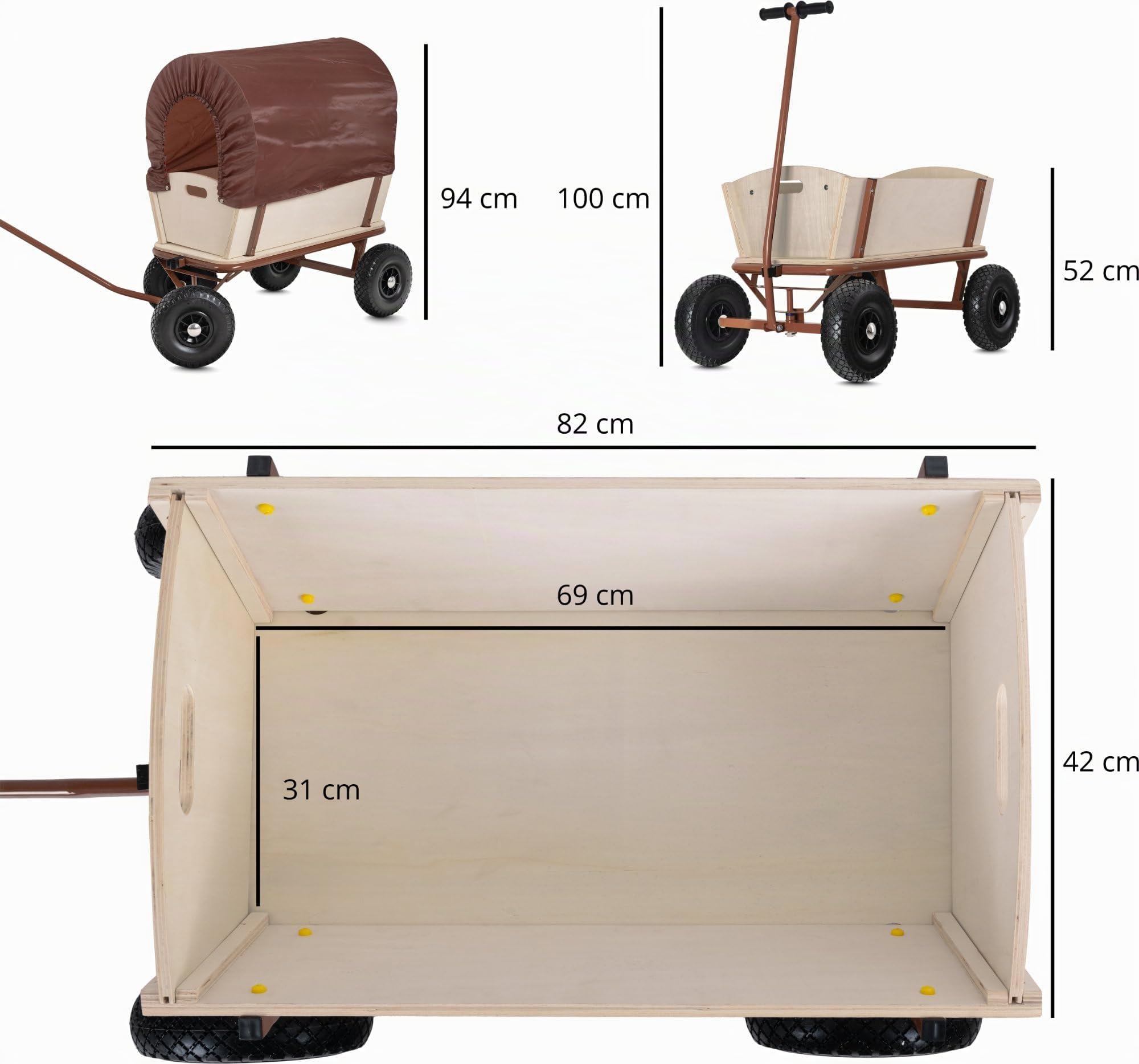 Stagecaptain BW-1812D BN Bollycart Carrito de Madera Marrón, Peso: 15 | Estructura de madera completamente desmontable, Eje delantero direccional, Lona marrón contra sol y lluvia, 9 kg