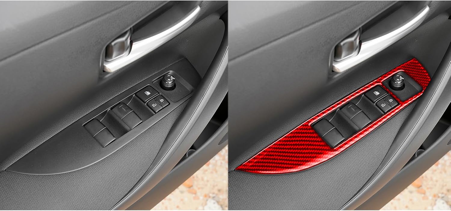 Superior Glossy Red Carbon Fiber Fit for Toyota Corolla 2020-2025 2021 2022 2023 2024 L LE XLE SE XSE FX Accessories Car Window Lift Switch Trim Button Panel Cover Interior Trim Sticker 4PCS