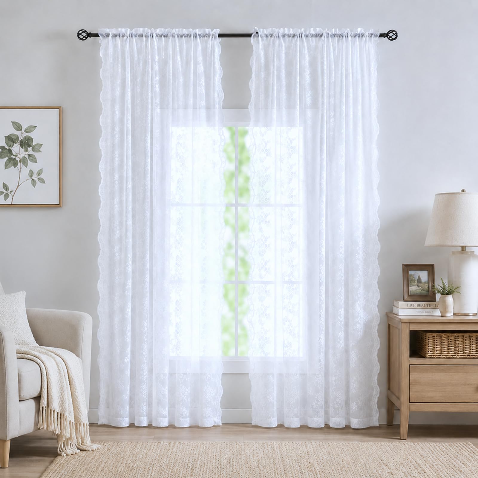 YJ YANJUN Vintage Lace Curtains 84 Inches Long Brilliant White 2 Panels