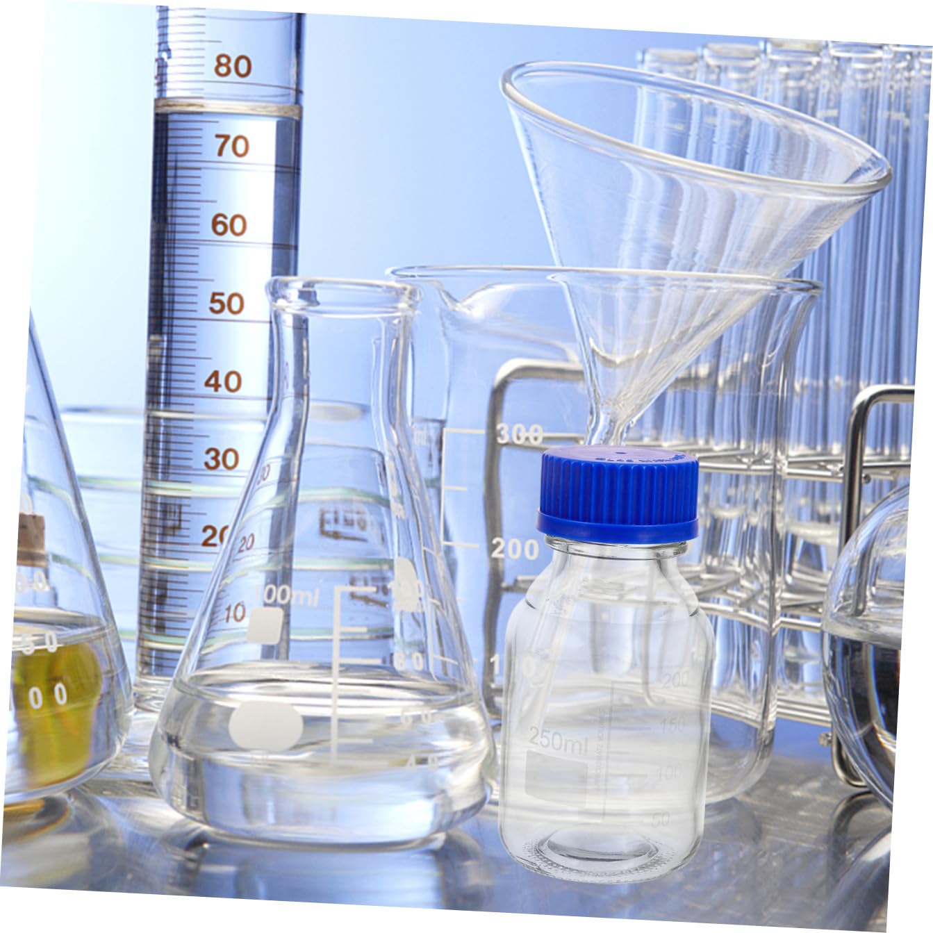 Set da 4 Bottiglie Reagenti in Vetro Blu da 250ml con Tappo a Vite, Leggere e Multiuso per Laboratori e Fabbriche