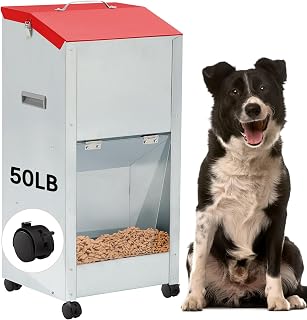 50 lb Automatic Dog Feeder for Large Breed with Wheels Galvanized Gravity Dog Food Dispenser Outdoor Pet Self Feeding, Easy to Move with Rolling Wheels