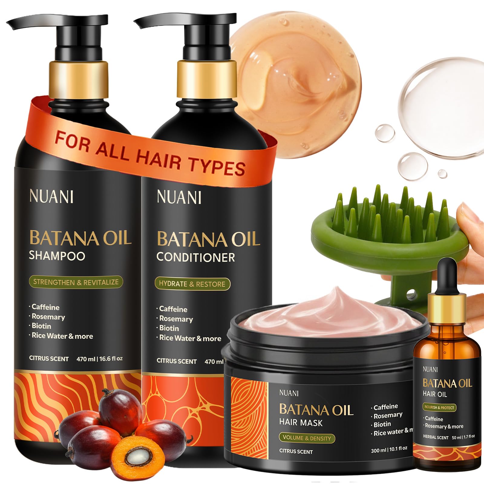 Batana Oil Shampoo and Conditioner Set (16 fl oz / 470 ml) with Rosemary & Caffeine | Includes Deep Mask, Hair Oil & Silicone Scalp Massager | Sulfate-Free, Paraben-Free for Fuller-Looking Hair.