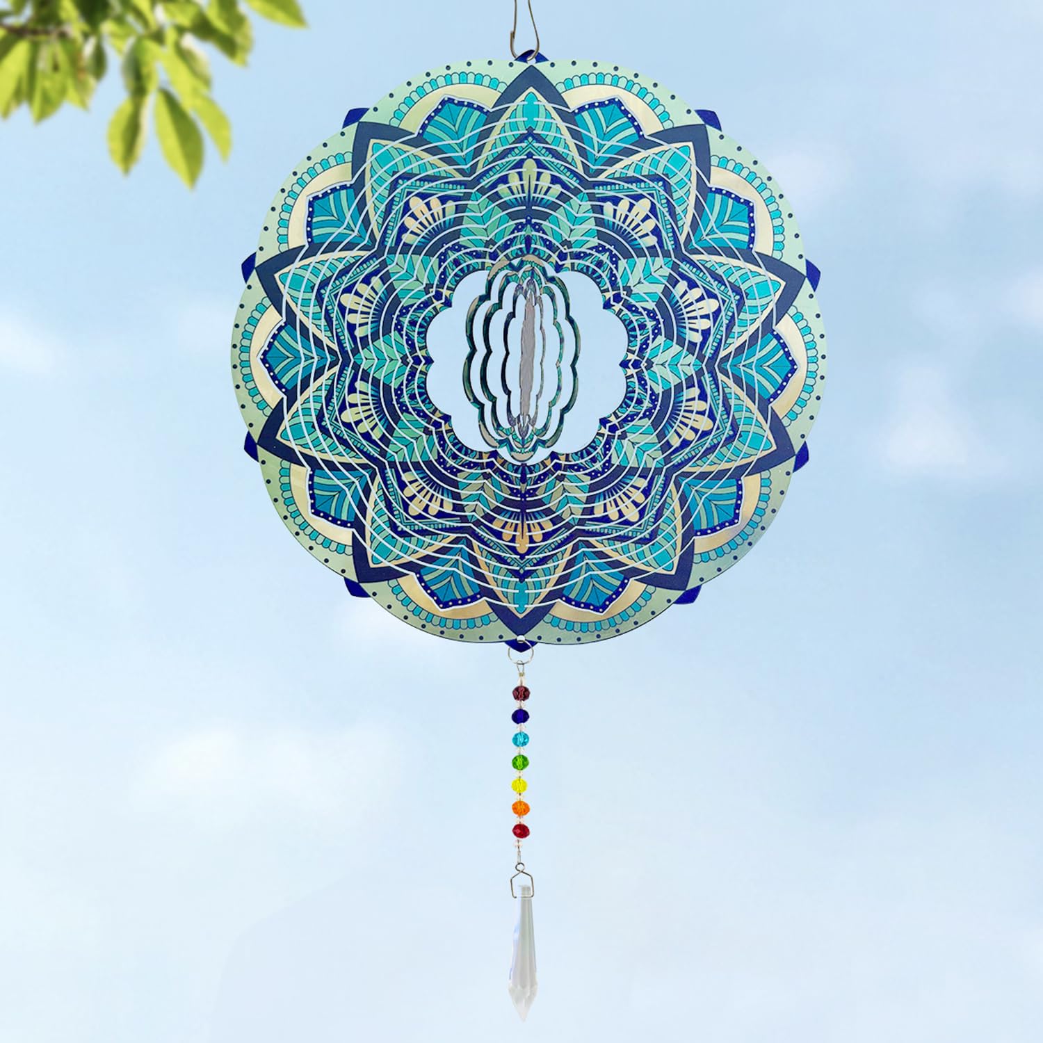 Wind Spinners Outdoor with Crystal Tail, Marzovitra Stainless Steel 3D Kinetic 10 Inch Garden Decor for Patio, Home or Yard Decorations Outdoor Hanging Yard Art, Metal Wind Sculpture (Bohemian)