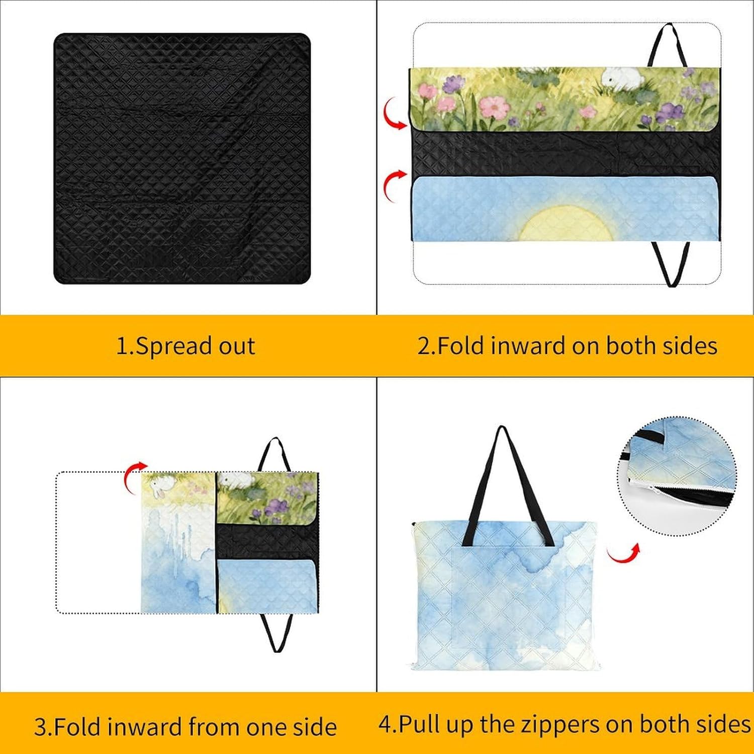 Fun with Flowers and Rabbits Picnic Blanket with Zipper Water Resistant Sand Free Picnic Mat Washable Foldable Easy Carry Beach Blanket for Lawn Beach Hiking Camping