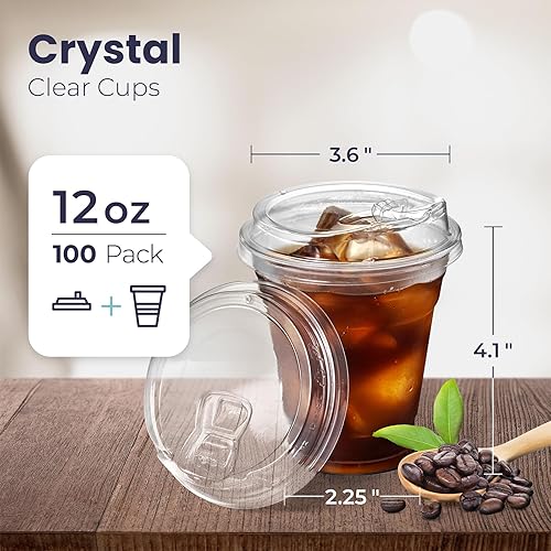 Miniatura 2 de Fit Meal Prep Paquete de 100 vasos de plástico transparente de 12 onzas con tapas para sorber sin popote, tazas de café de plástico desechables con