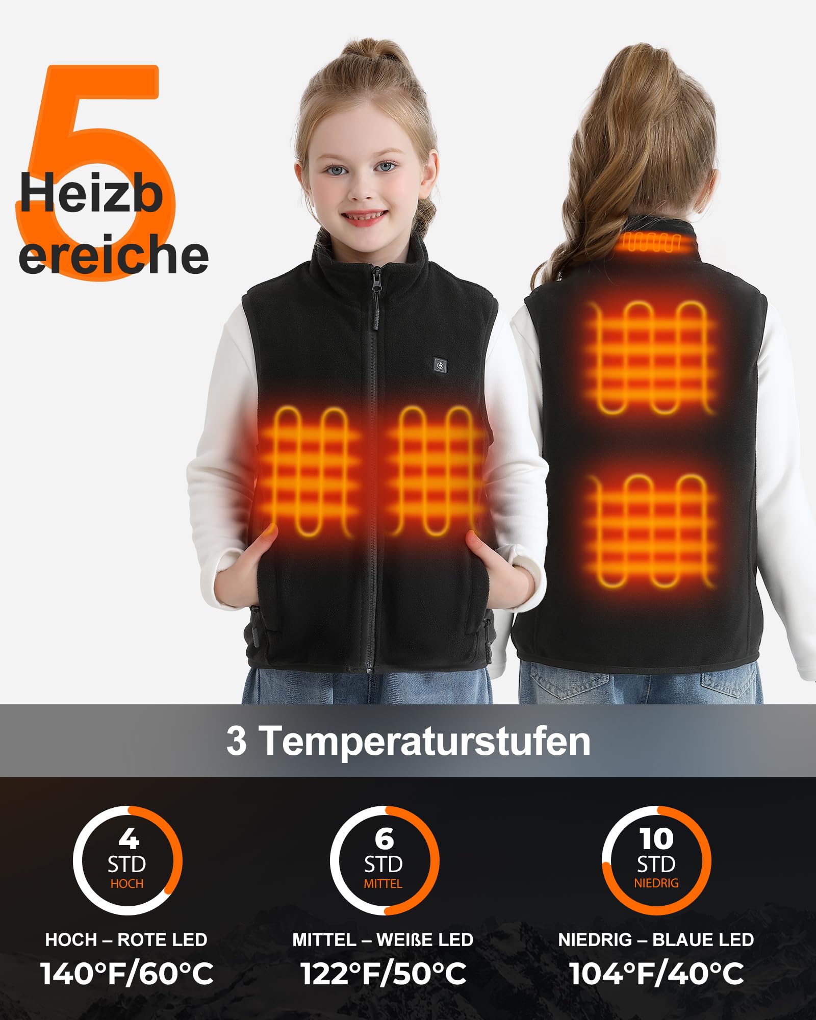 Unisex Fleece Heizweste Kinder mit powerbank 12000 mAh 7.4 V, Beheizbare Weste Jungen und Mädchen mit 5 Heizzone, Heizweste Kinder für Winter Outdoor-Oberteil Leichte - L