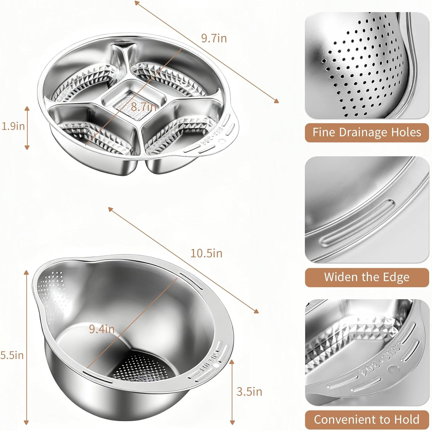 Rice Washer Strainer Bowl with Vegetable Divider Tray, Stainless Steel Rinser Washing Bowl, Small Colander Rice Strainer Versatile Kitchen Tool for Quinoa, Vegetables, Fruits, Beans Cleaning