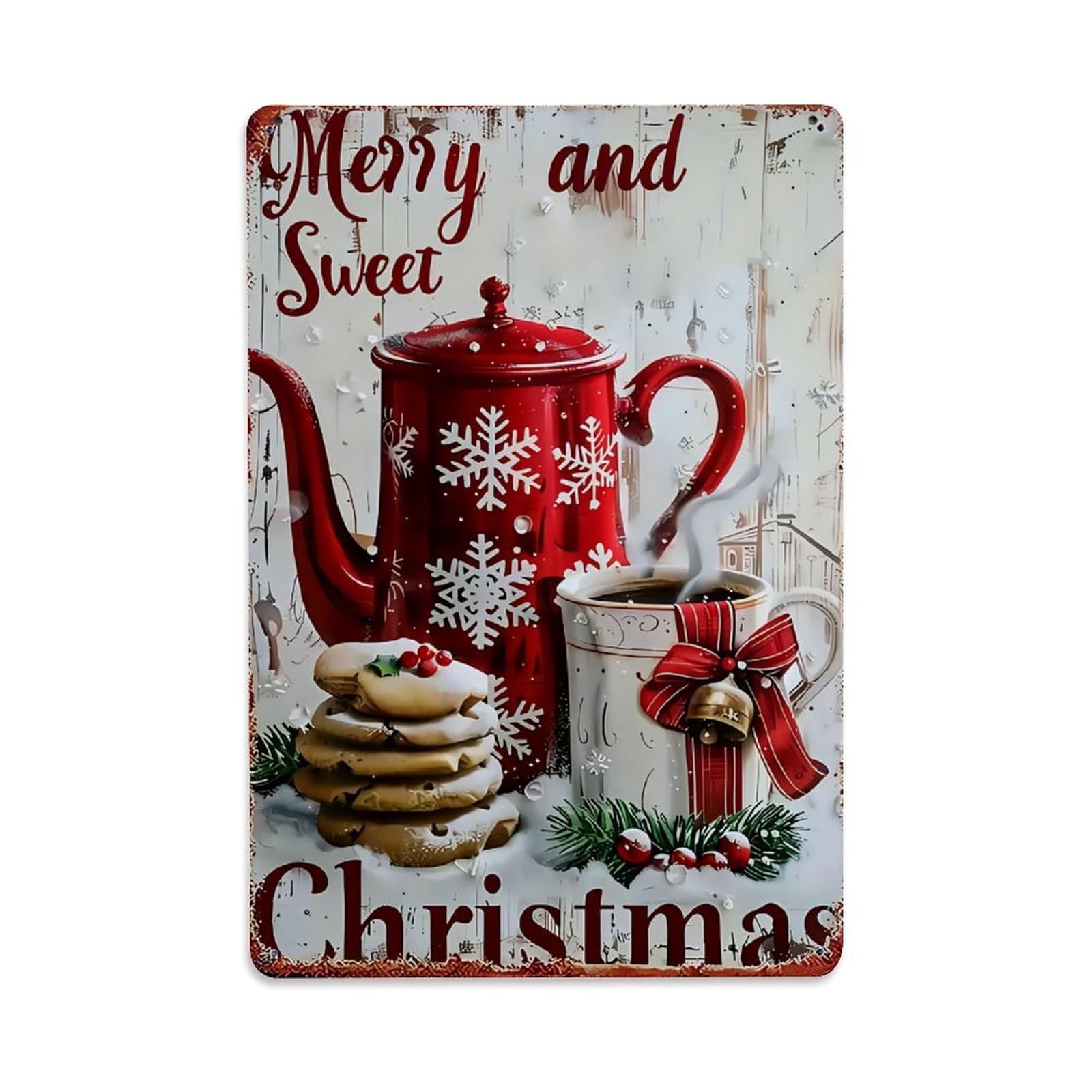 Jdyaojiesheng Vintage Red Snowflake Teapot And Mug With Cookies Tin Sign Retro Metal Wall Decor Metal Poster, Home Bar Garage Farmhouse Cafe Wall Art Decoration 8X12inches