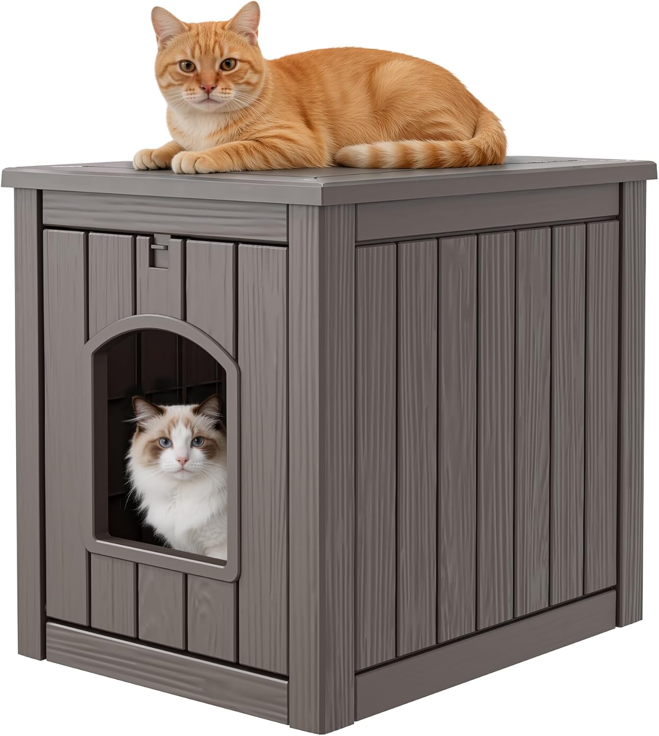 Outdoor Cat House Weatherproof, Resin Cat Houses for Outdoor Indoor Cats, Cat Box Enclosure, Easy to Assemble & Clean, Grey
