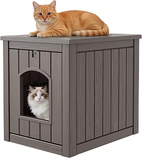 Outdoor Cat House Weatherproof, Resin Cat Houses for Outdoor Indoor Cats, Cat Box Enclosure, Cat Bed Easy to Assemble & Clean, Grey