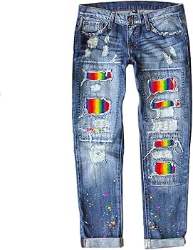 Boyfriend Jeans for Women Ripped Hole Rainbow Tie Dye Patch