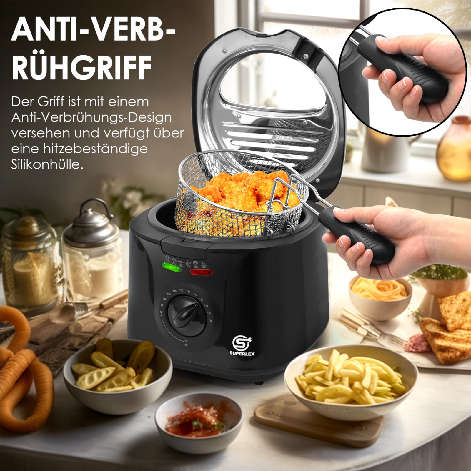 Frytkownica z tłuszczem, 2 l, elektryczna 1300 W, kompaktowa mini frytkownica, olej z regulacją temperatury, filtr ze stali nierdzewnej, do chrupiących frytek, kurczaka, ryb, przekąsek do