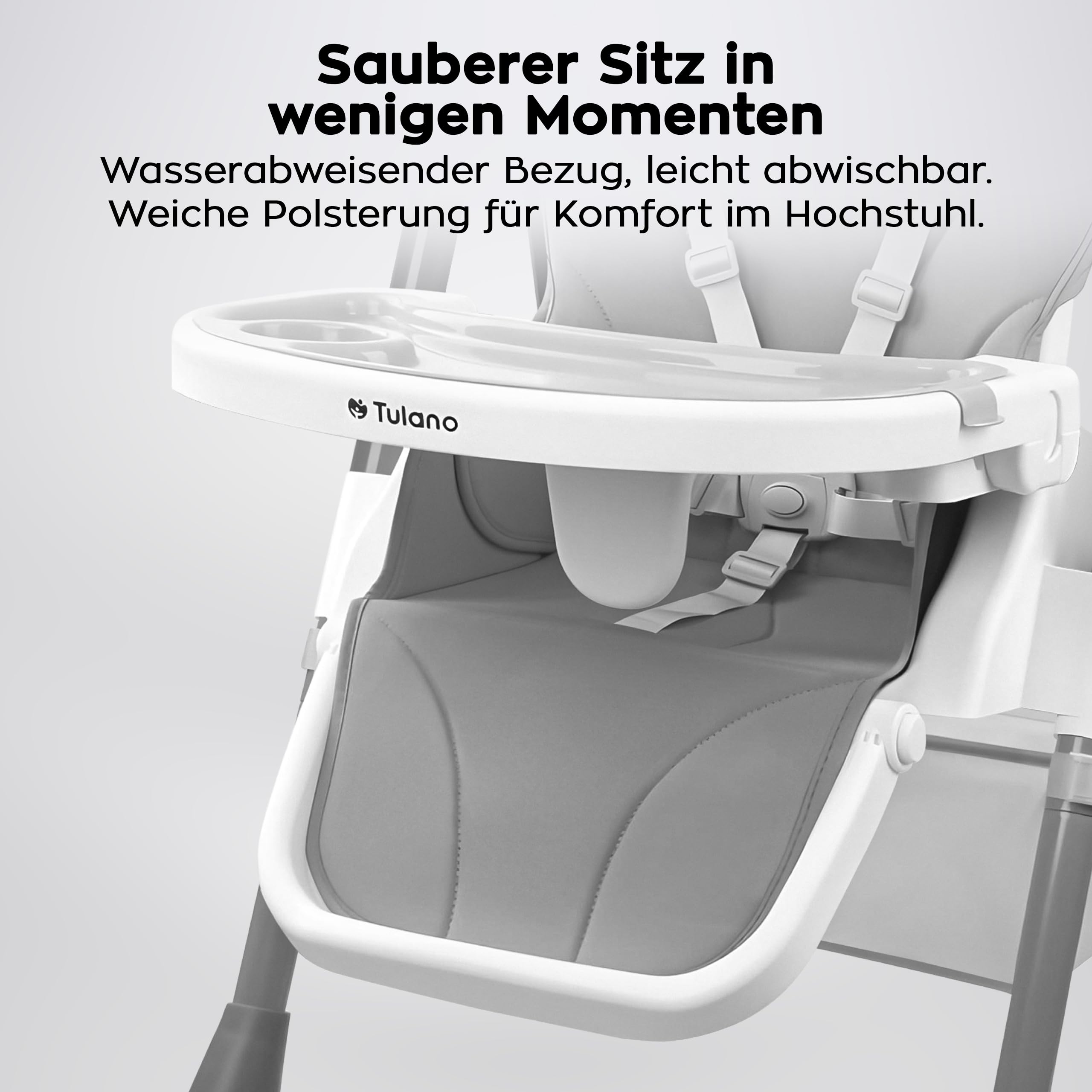 Tulano Morsel 30 Hochstuhl Baby, höhenverstellbar, klappbar, mit Tablett, 5-Punkt-Gurt, abnehmbares Tablett spülmaschinenfest, für Babys ab 6 Monate, Kinderhochstuhl Grau
