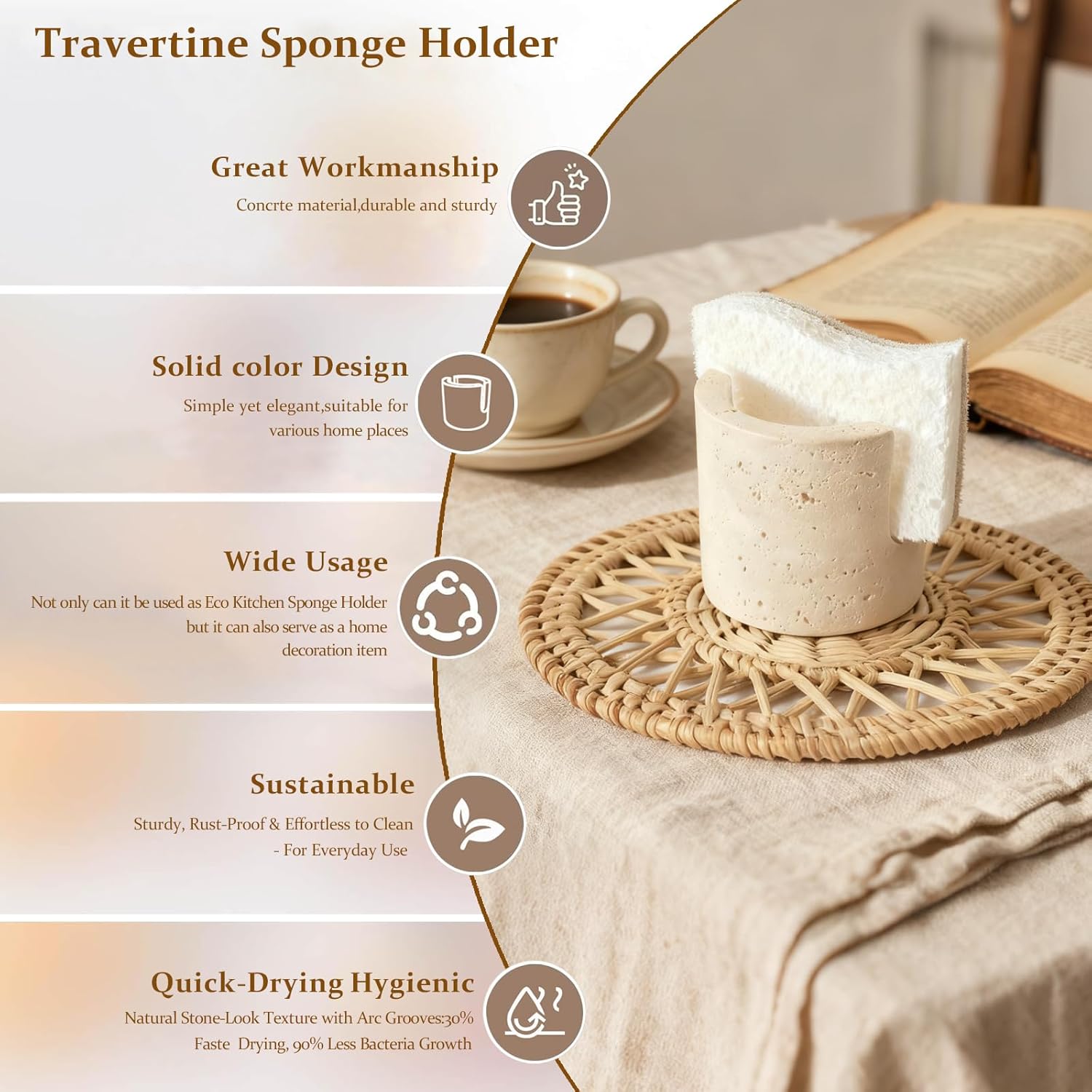 Stone Sponge Holder for Kitchen Sink with 12 Pack Biodegradable Kitchen Sponges, Natural Travertine Sink Caddy, Quick Dry Absorbent Tray, Non Slip Countertop Organizer