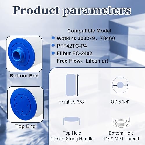 Miniatura 9 de 303279 Filtro de spa para bañera de hidromasaje, repuesto para FC-2402, PFF42TC-P4, 78460, SD-01322, Lifesmart, AquaTerra, Freeflow Spas, rosca MPT