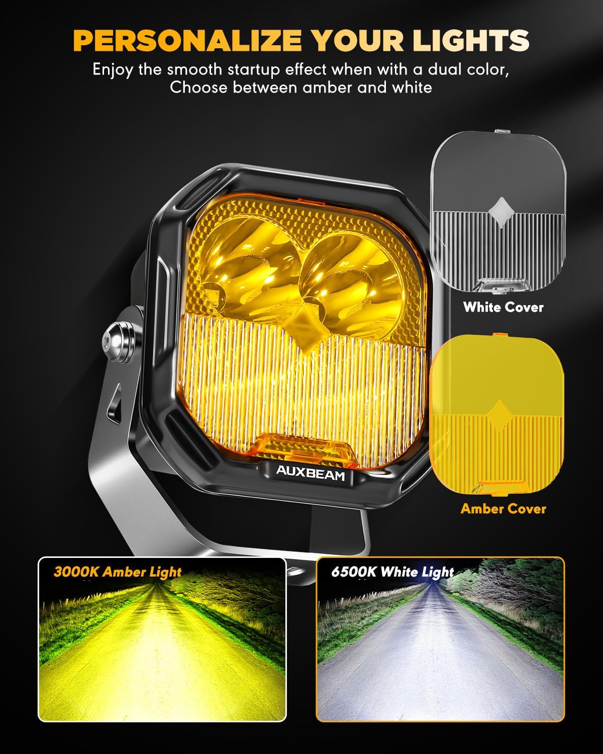 Auxbeam Color Play Series 3 Inch LED Pods, Off Road Light with Amber White DRL & Turn Signal 100W Spot Flood Combo Beam Offroad Lighting Fog Cube Ditch Light Bar for Jeep Truck ATV, 2 Years Warranty