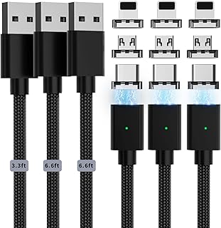 Magnetic Charging Cable 3A Fast Charging(3 Pack,3.3/6.6/6.6ft) 3 in 1 Magnetic Phone Charger Cable with LED Light, Nylon Braided Magnetic Cable, Data Transfer Cord for iProduct/USB-C/Micro-USB Device