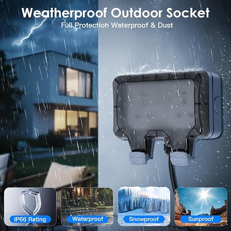 BSEED Outdoor Double Socket IP66 Waterproof 13Amp, Weatherproof Outdoor Double Switched Power Wall Socket with LED Indicator, for Garden, Patio, Yard, RV, Camping, Grey
