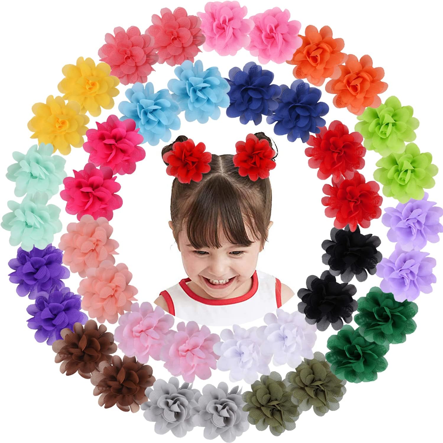 ALinmo 40PCS Baby Girls Clips 2" Chiffon Flower Baby Bows Fully Lined Flower Tiny Hair Clips Fine Hair for Baby Girls Infants Toddlers 20 Colors in Pairs